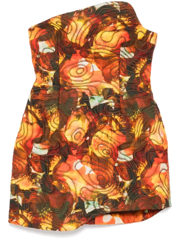 strapless open back dress Green & Orange Floral Asymmetric Mini Dress
