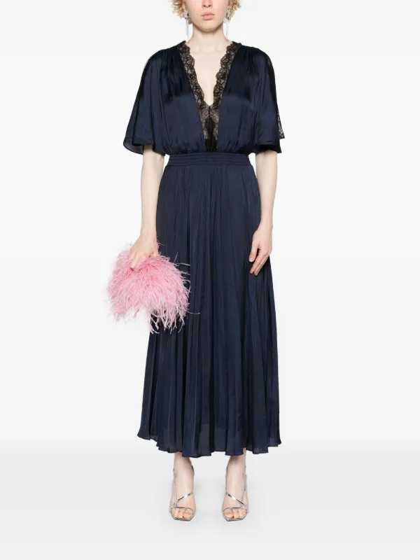 Maje lace-trim Pleated Maxi Dress | Blue | FARFETCH