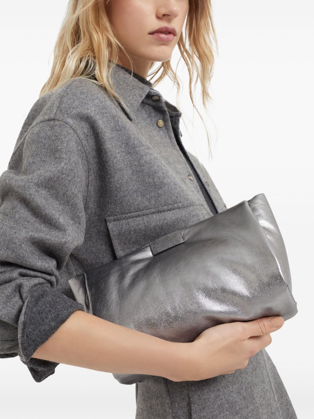 Brunello Cucinelli Lamé calfskin clutch bag - Zilver