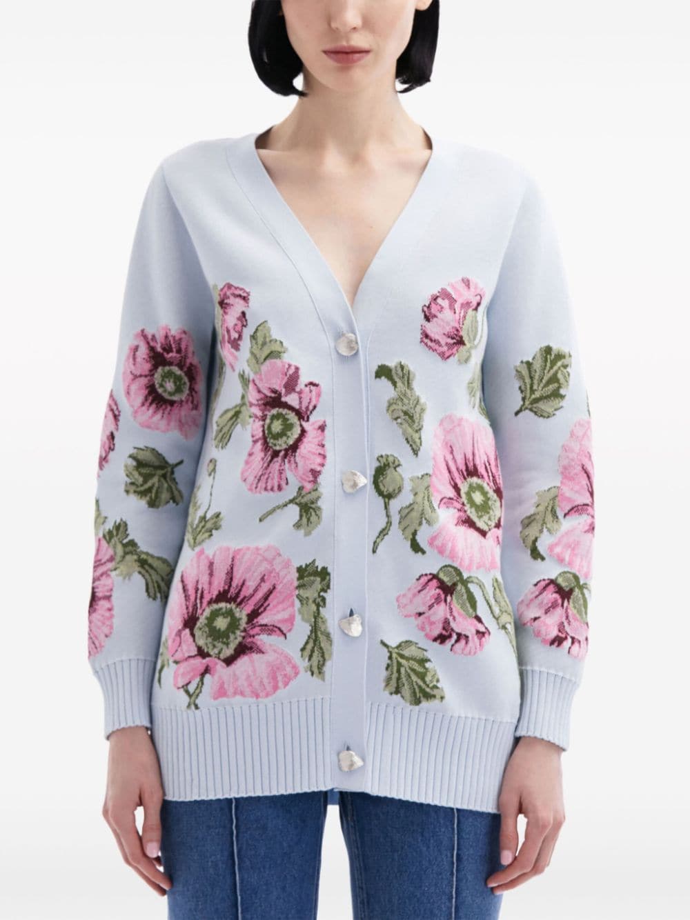 Shop Oscar De La Renta Floral Jacquard Cardigan In Blue