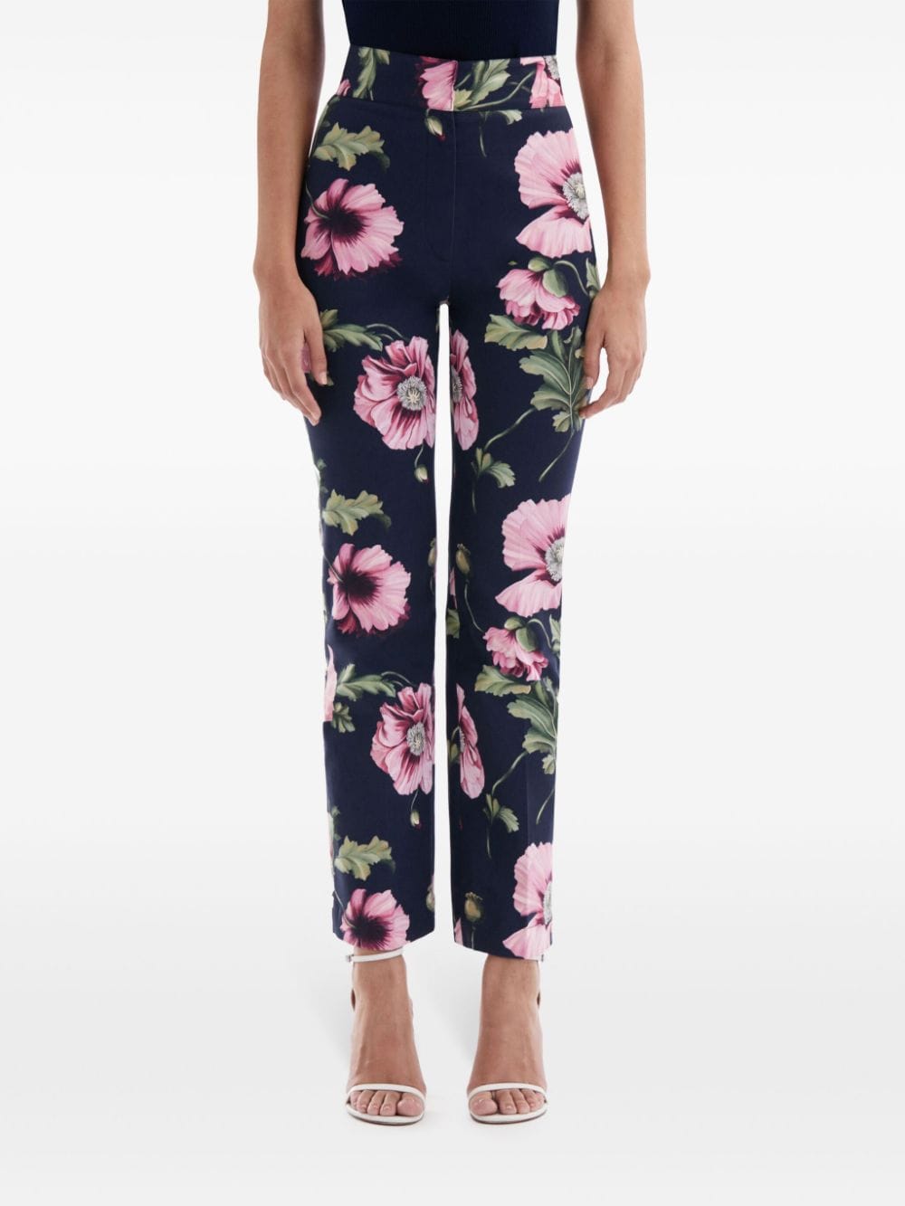 Shop Oscar De La Renta Floral-print Cotton-blend Trousers In 蓝色