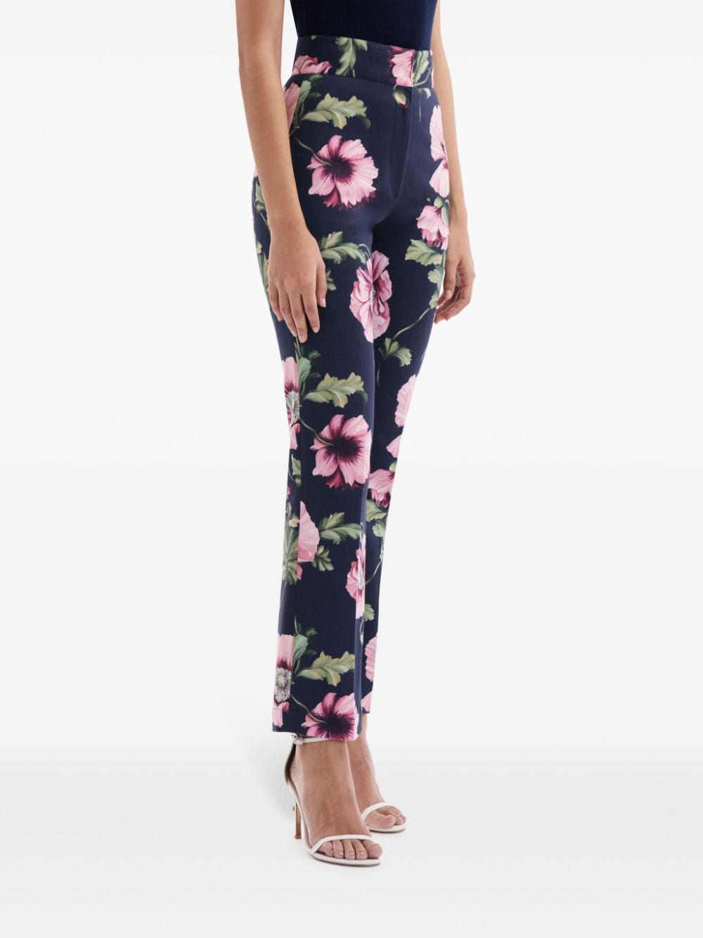 Shop Oscar De La Renta Floral-print Cotton-blend Trousers In 蓝色