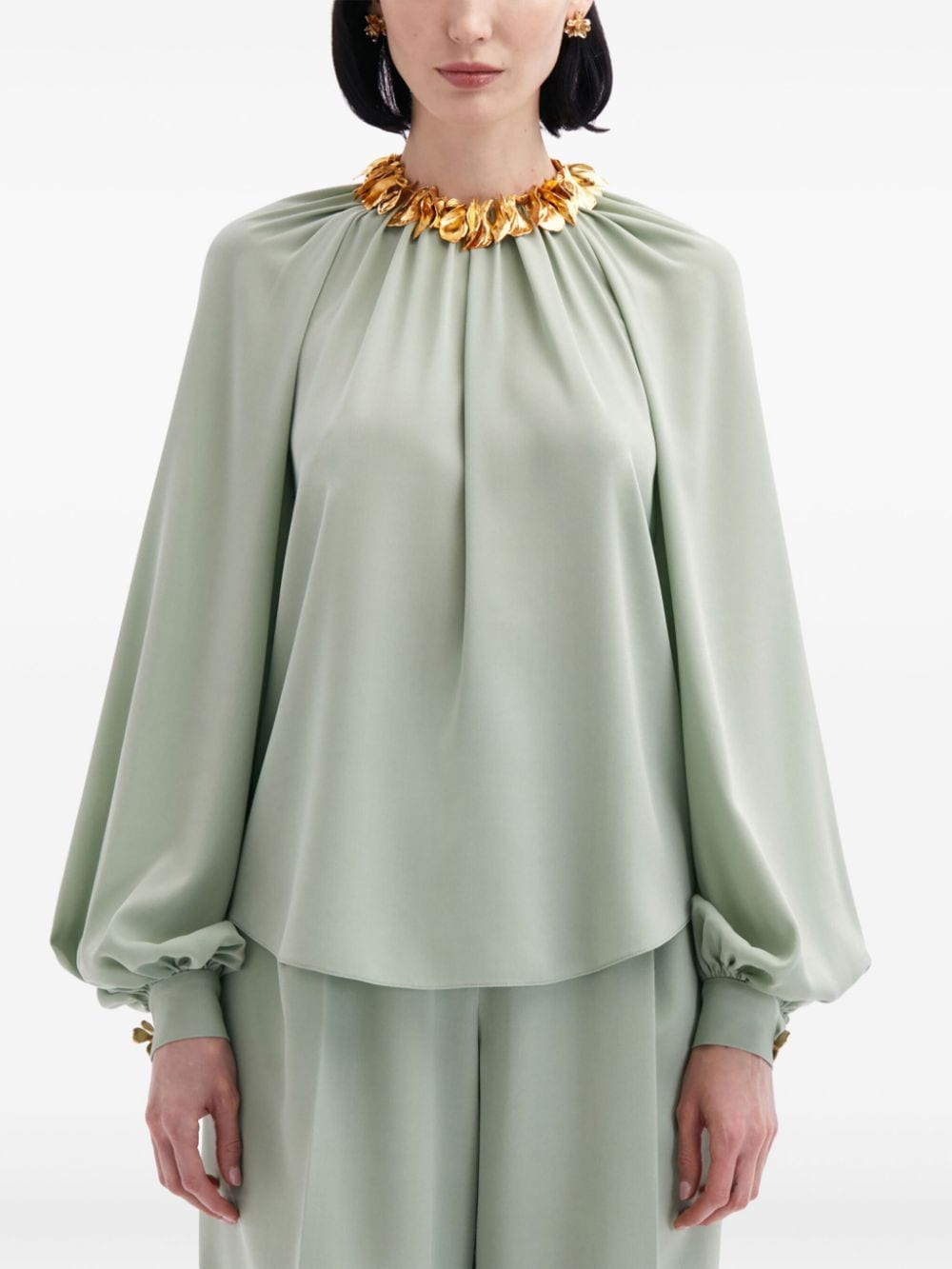 Shop Oscar De La Renta Embellished-collar Georgette Blouse In Green