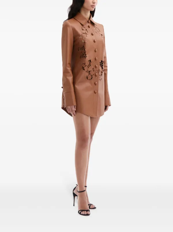 knee length dresses for ladies BLACK BEADED LASER CUT VEGAN LEATHER ASYMMETRIC DRESS