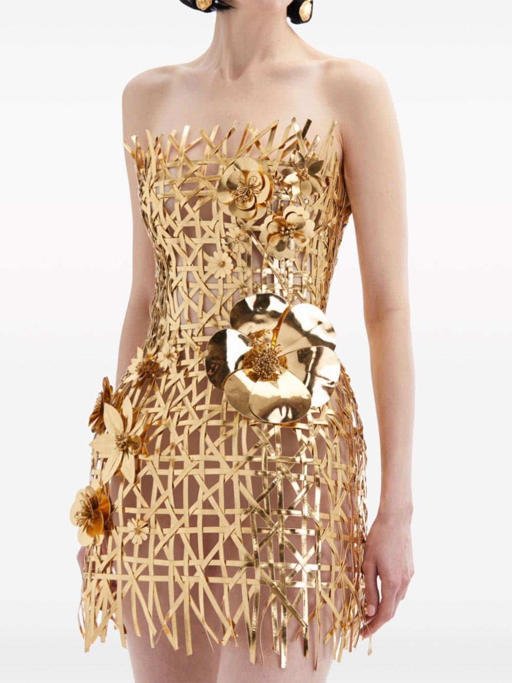 Shop Oscar De La Renta Lattice-embroidered Cut-out Minidress In Gold