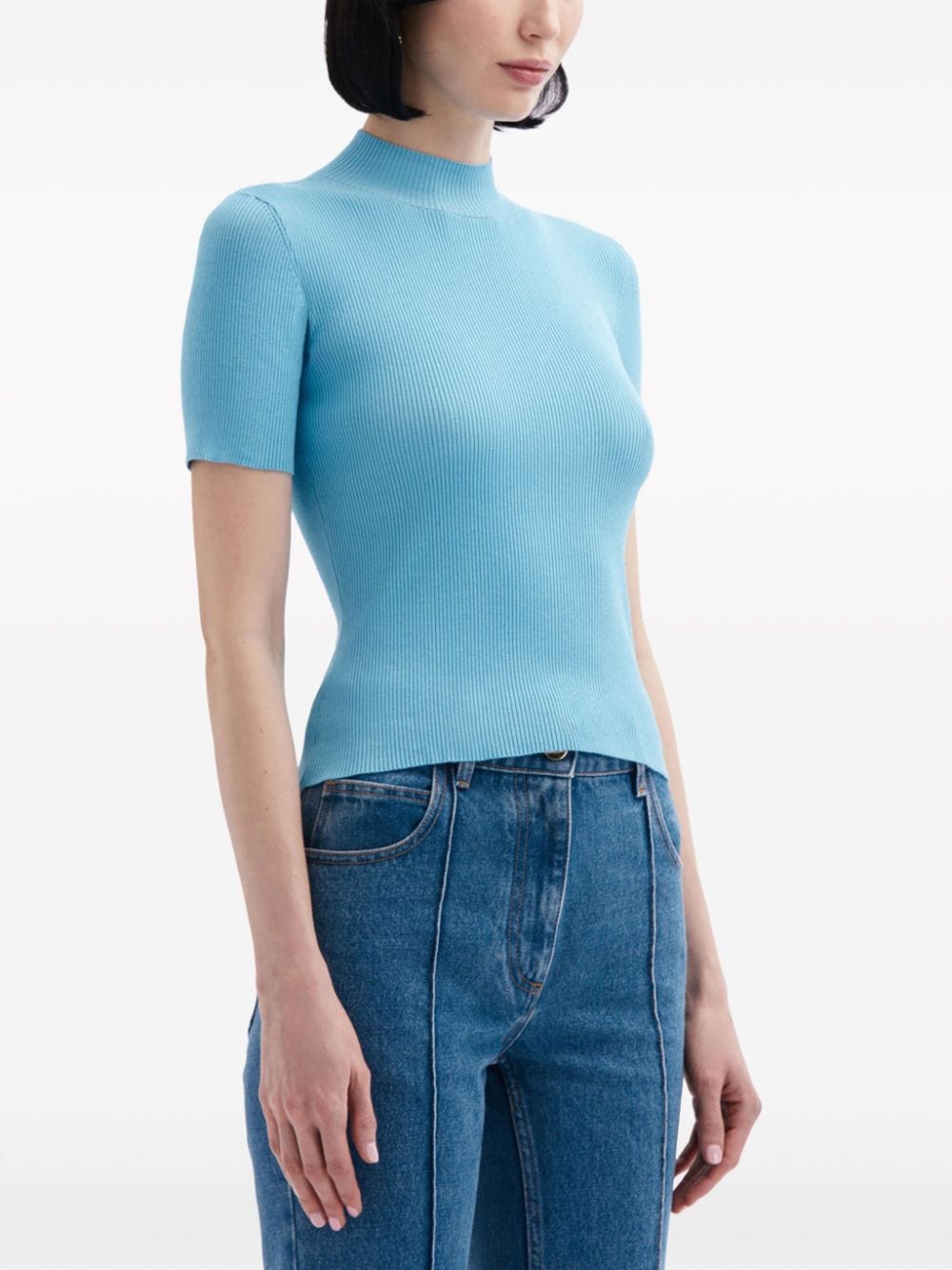 Shop Oscar De La Renta Ribbed-knit Silk-blend Top In Blue