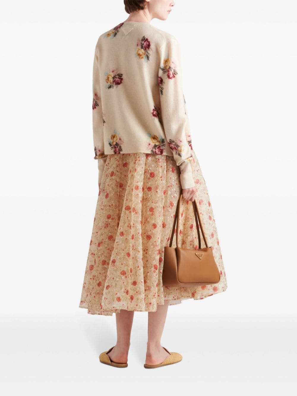 Shop Prada Floral-print Wool Cardigan In Nude