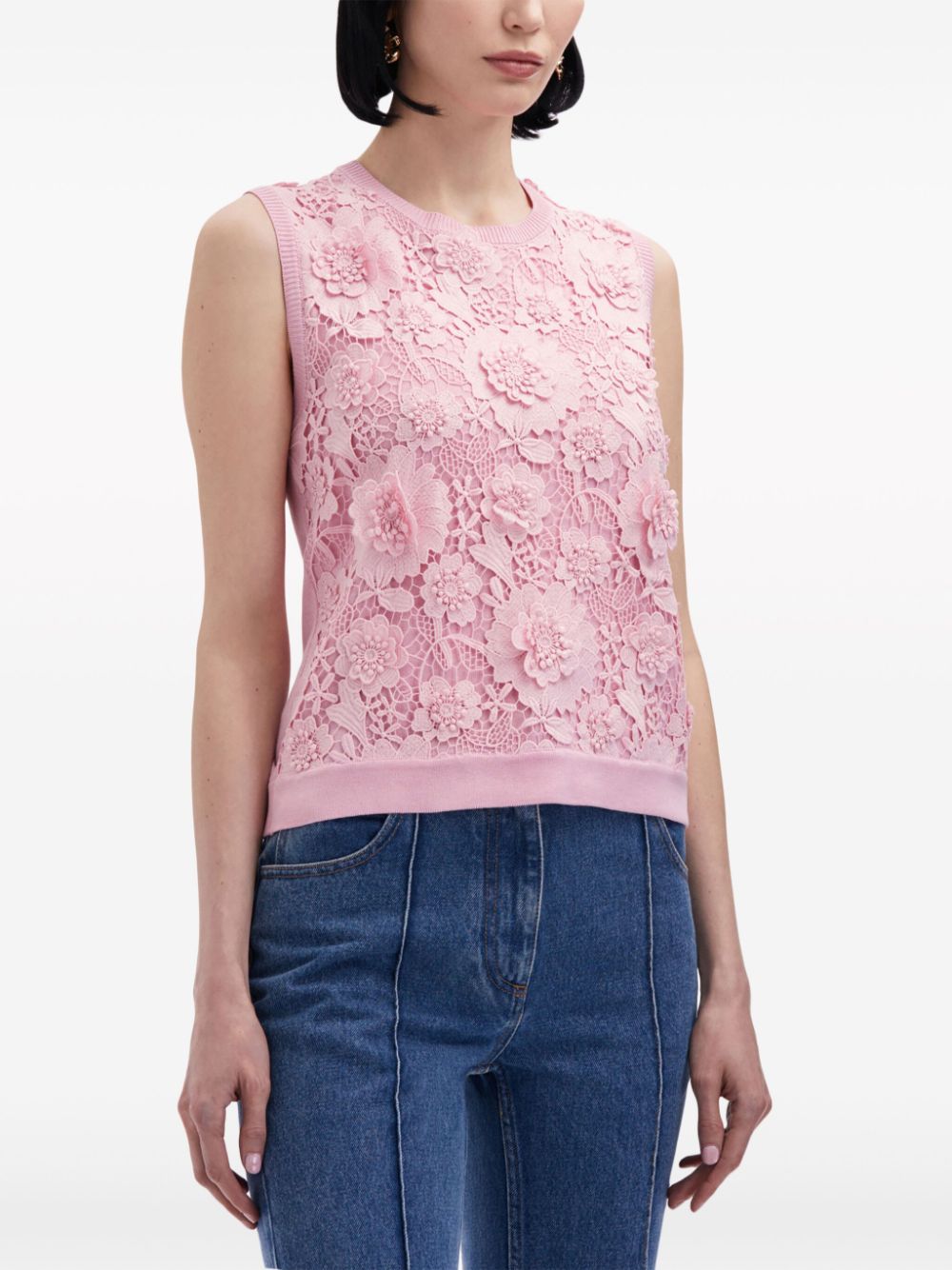 Shop Oscar De La Renta Floral Guipure Silk-blend Tank Top In 粉色