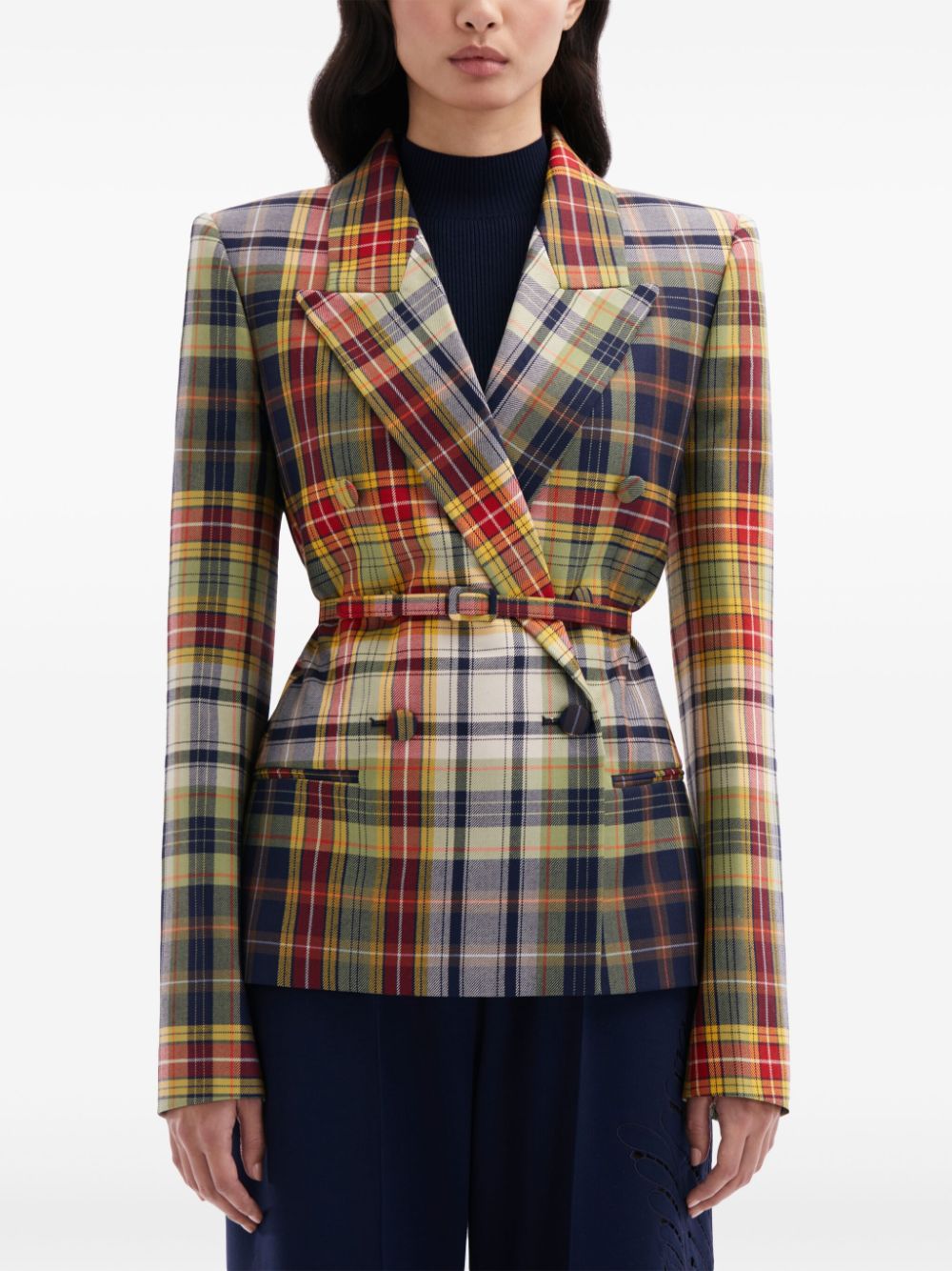 Shop Oscar De La Renta Checked Double-breasted Blazer In Blue