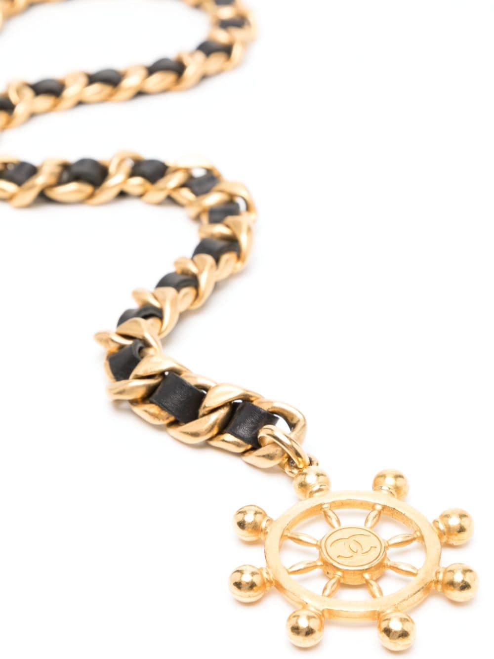 Pre-owned Chanel Logo吊饰链式皮质腰带 In Black/gold