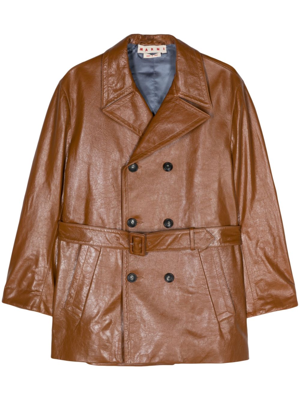 Marni Belted Double-breasted Leather Coat In Brown