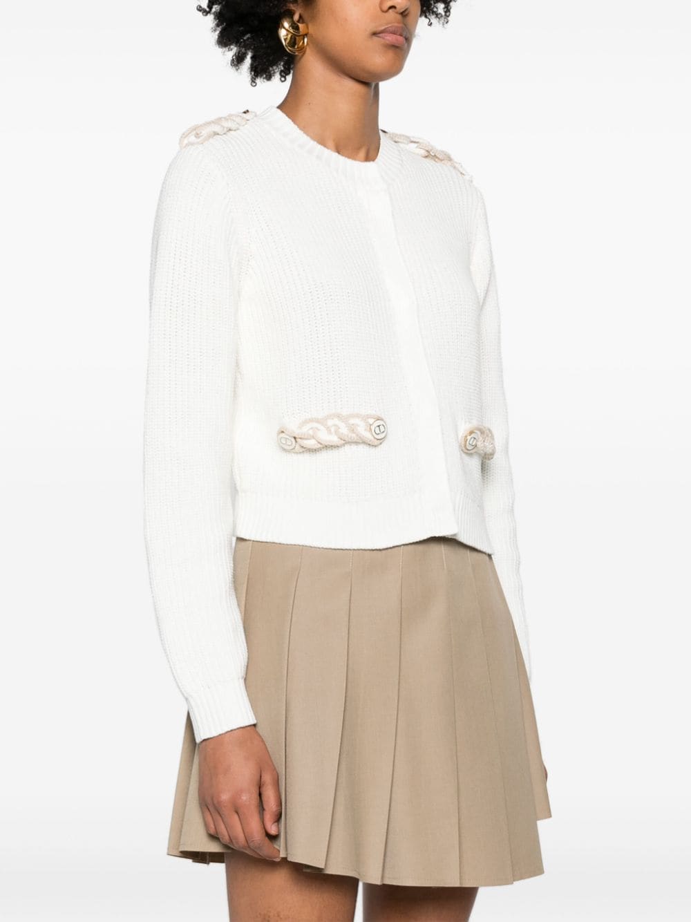 Shop Twinset Braid-trim Chunky-knit Cardigan In White