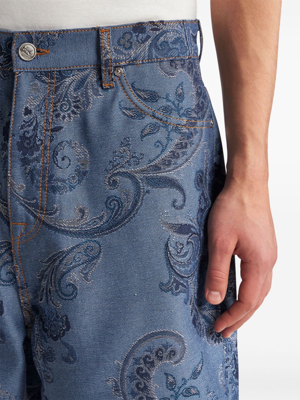 Shop Etro Paisley-jacquard Denim Bermuda Shorts In Blue