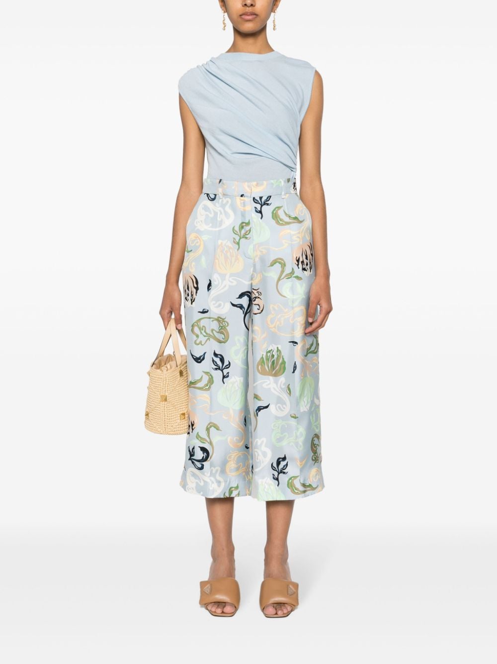 Lanvin graphic-print silk cropped trousers Blauw
