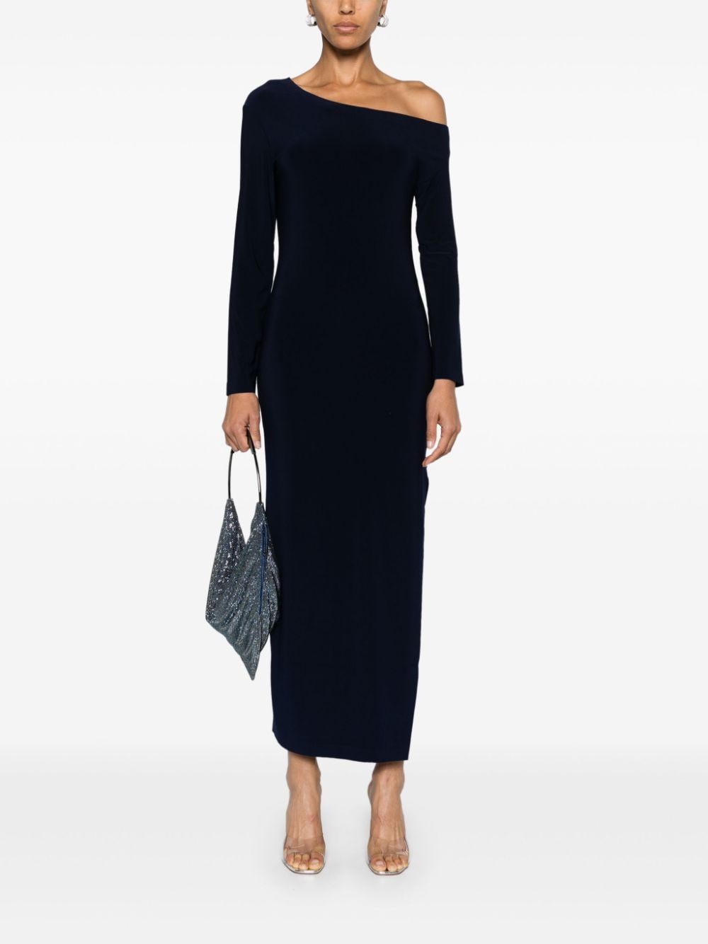 Shop Norma Kamali One-shoulder Side-slit Maxi Dress In Blue