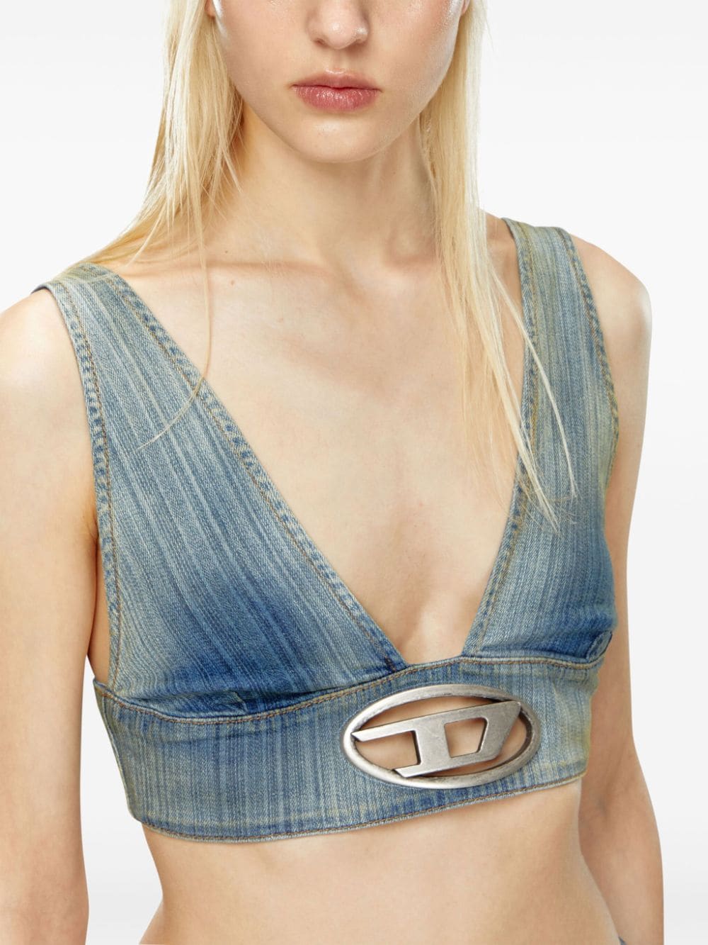 Shop Diesel De-elly-s Denim Crop Top In Blue