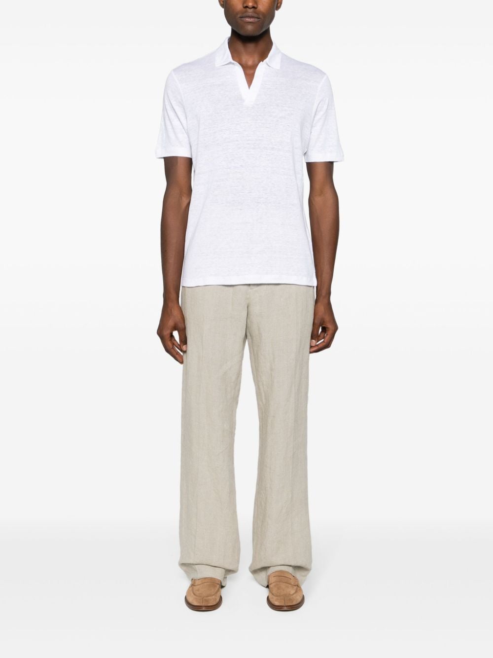 Shop Barba V-neck Linen Polo Shirt In White