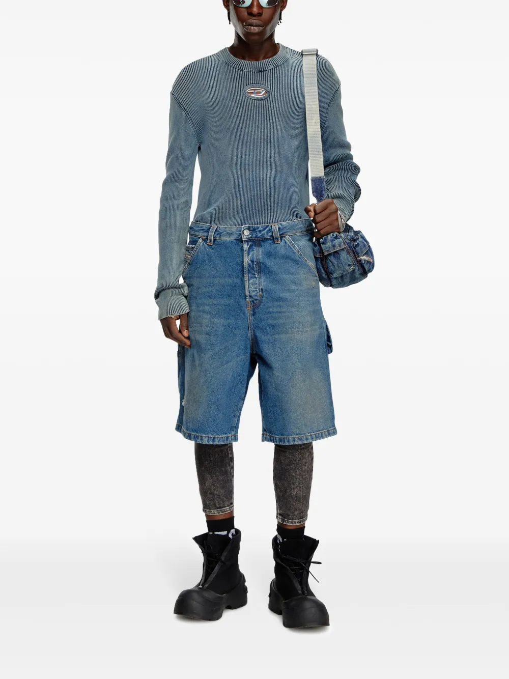 Diesel appliqué-logo ribbed top - Blauw