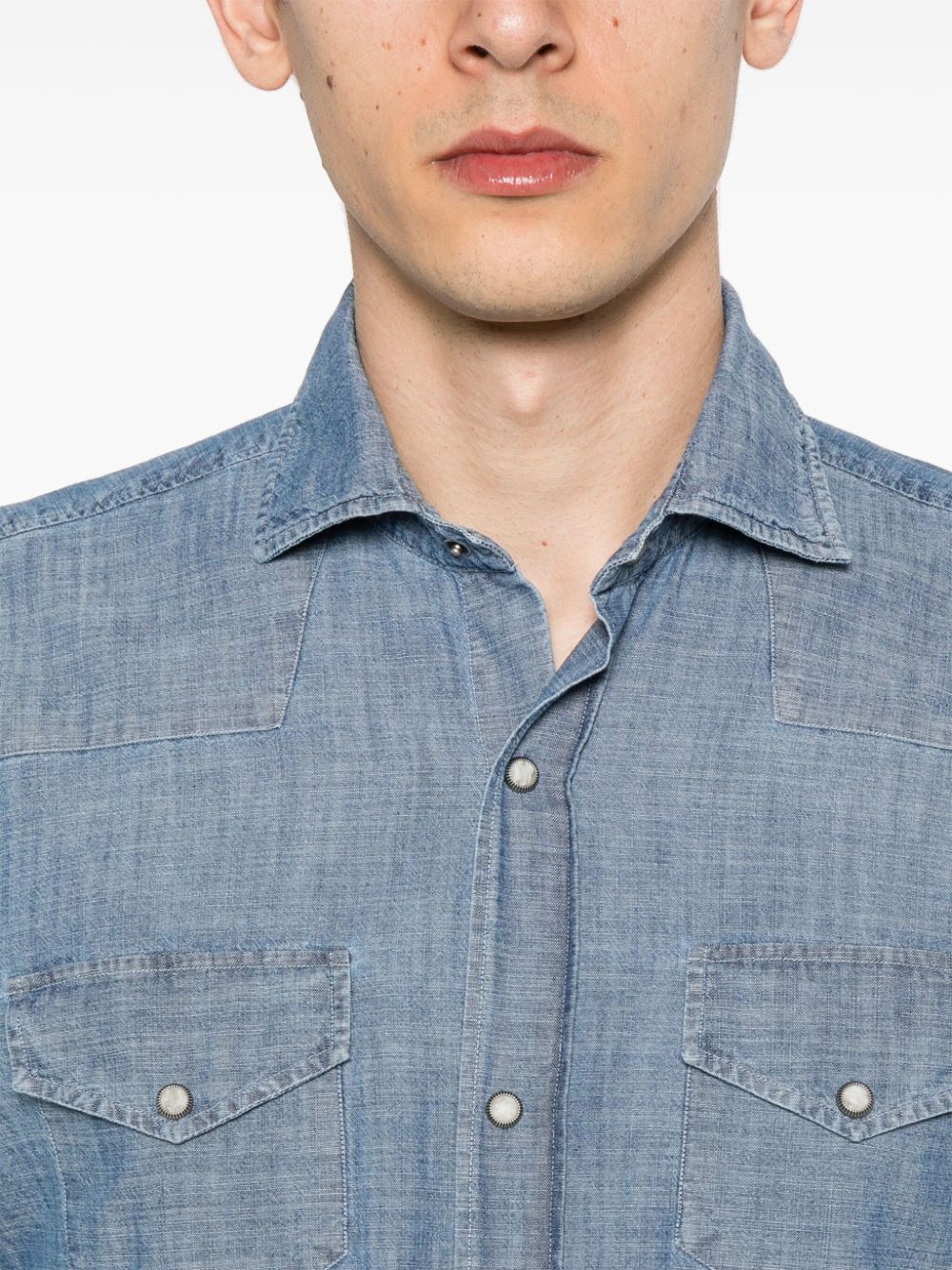Shop Eleventy Chambray Cotton Shirt In 蓝色