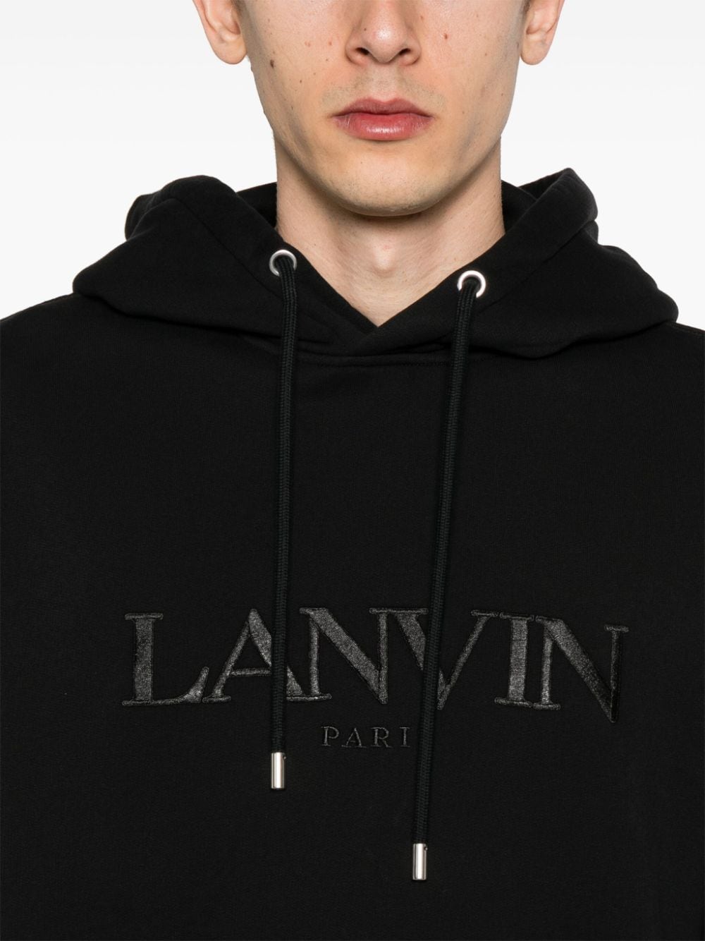 Shop Lanvin Logo-embroidered Cotton Hoodie In Black