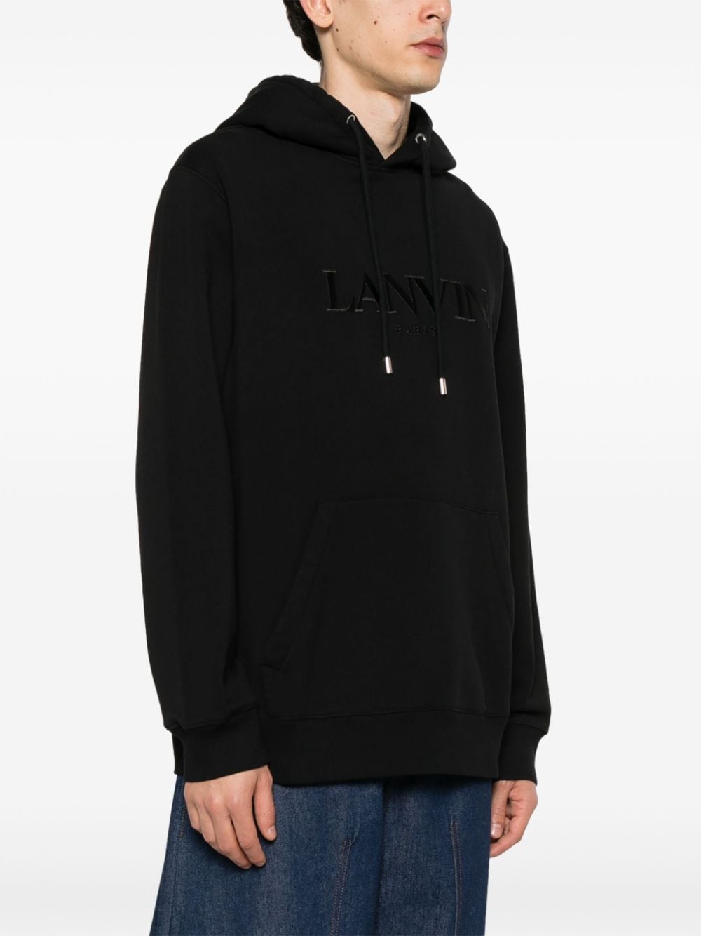 Shop Lanvin Logo-embroidered Cotton Hoodie In Black