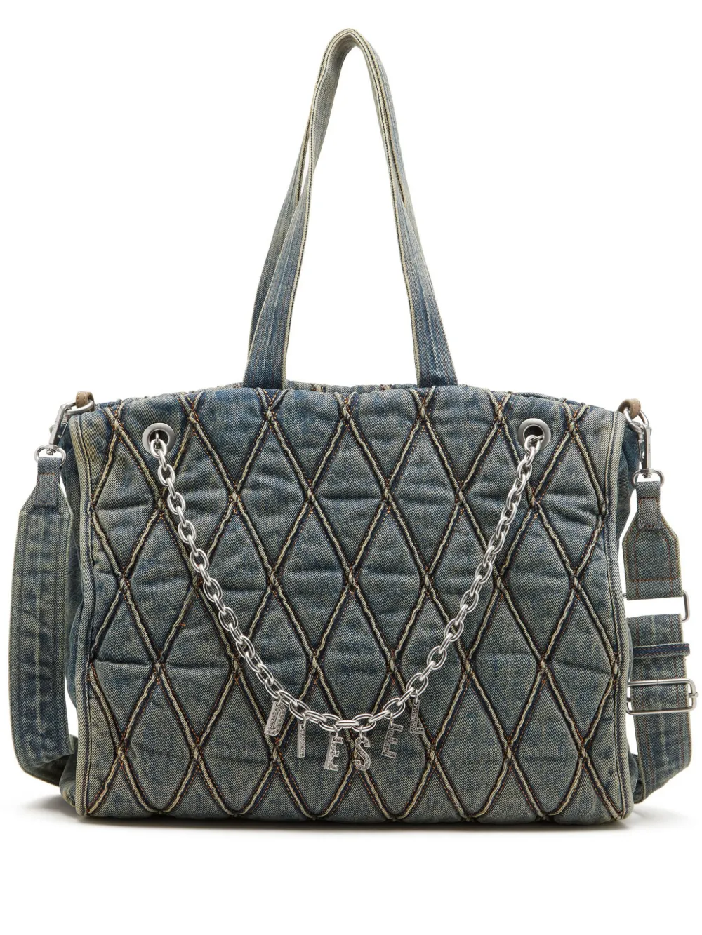 Diesel Charm-d-tote Bag In Argyle Quilted Denim In Blue