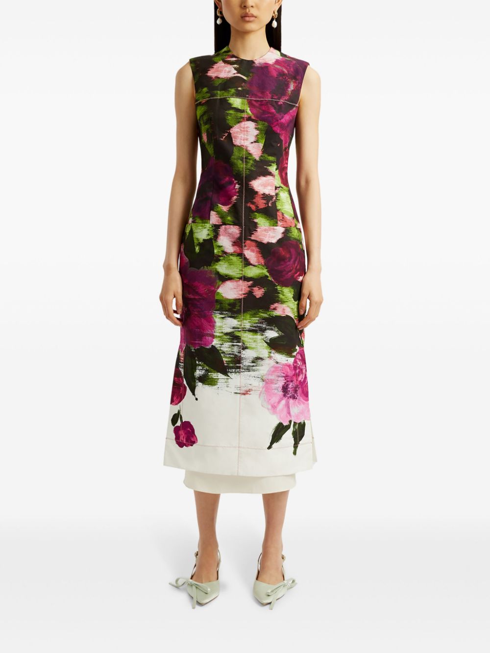 Shop Erdem Floral-print Pencil Silk Midi Dress In Green