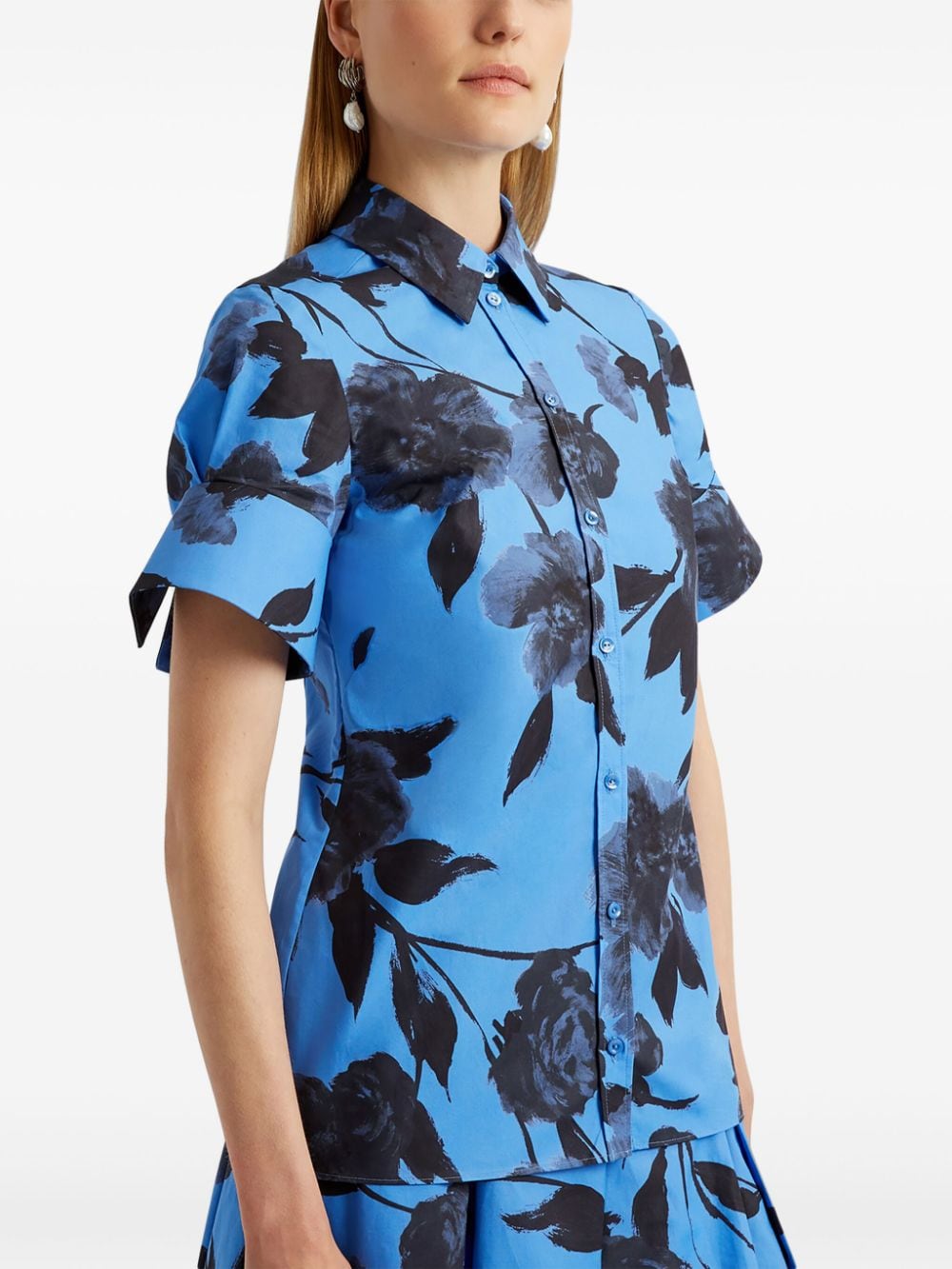 Shop Erdem Floral-print Flare-sleeve Poplin Shirt In Blue