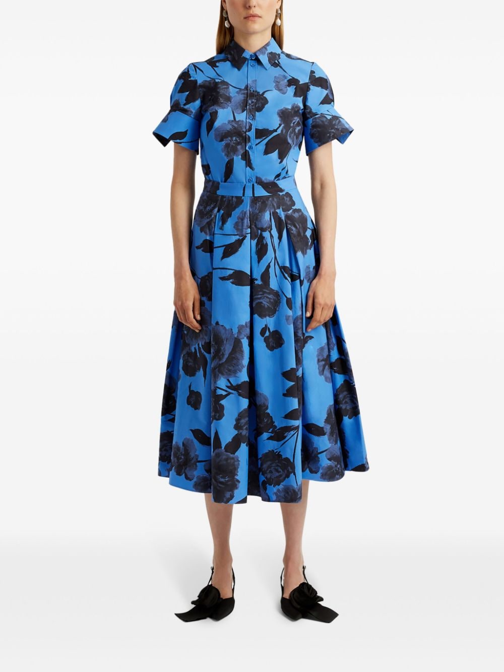 Shop Erdem Floral-print Flare-sleeve Poplin Shirt In Blue