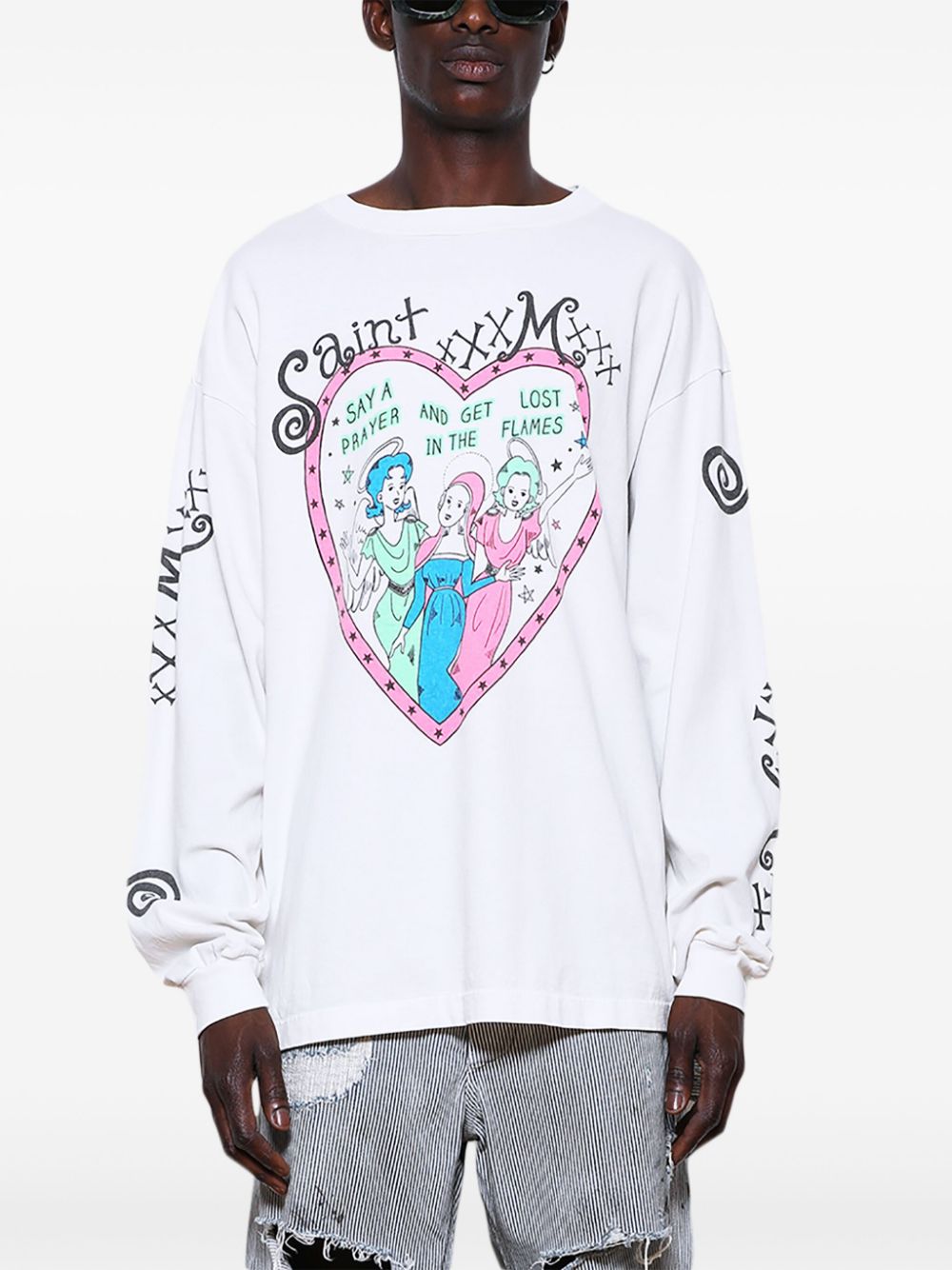 Shop Saint Mxxxxxx Pink Heart Long-sleeve T-shirt In White