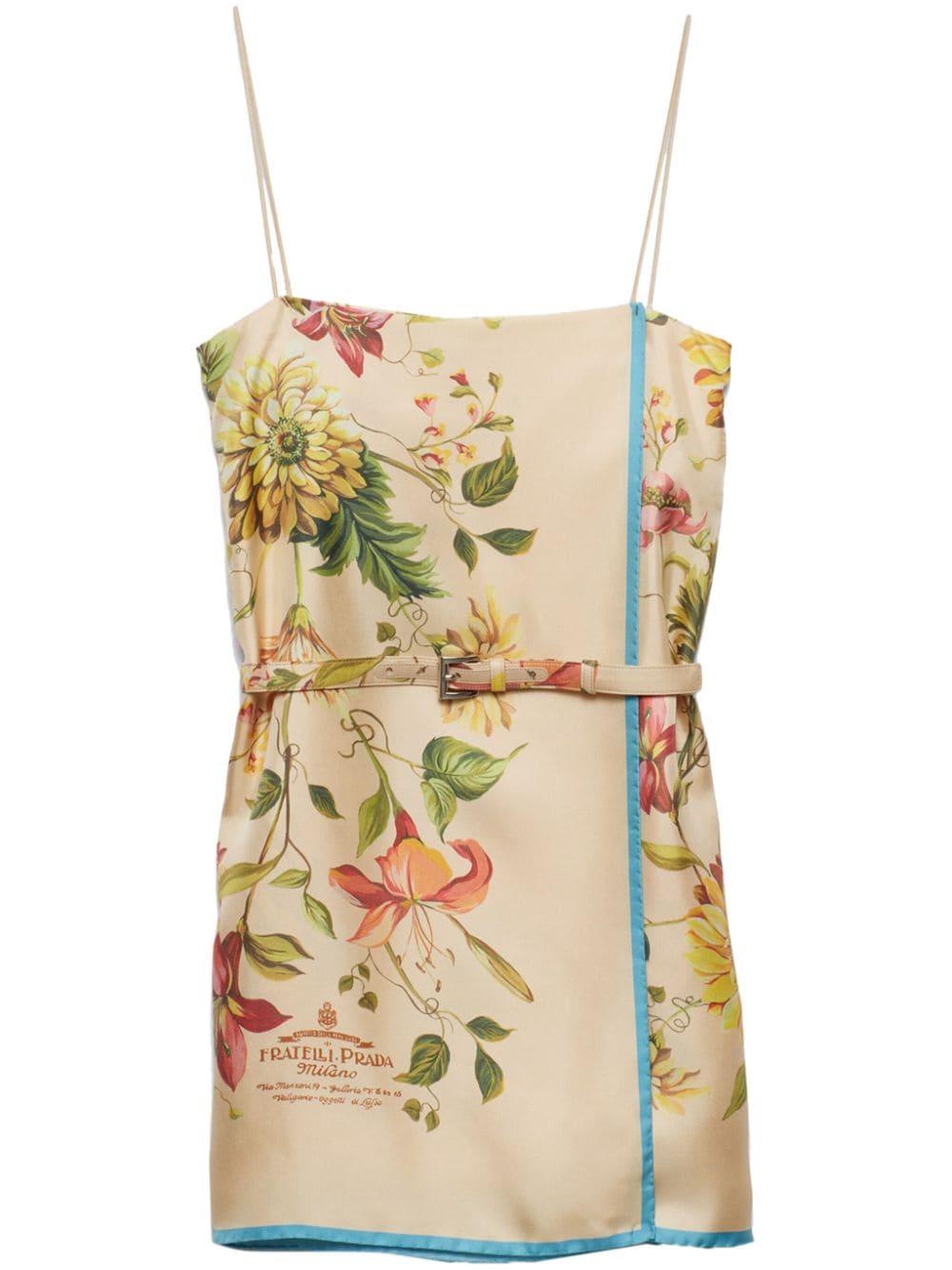Shop Prada Floral-print Silk-twill Mini Dress In Neutrals