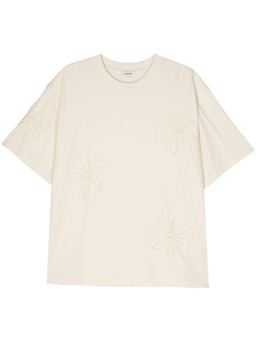 Sandro Floral-embroidered Jersey T-shirt In Neutral