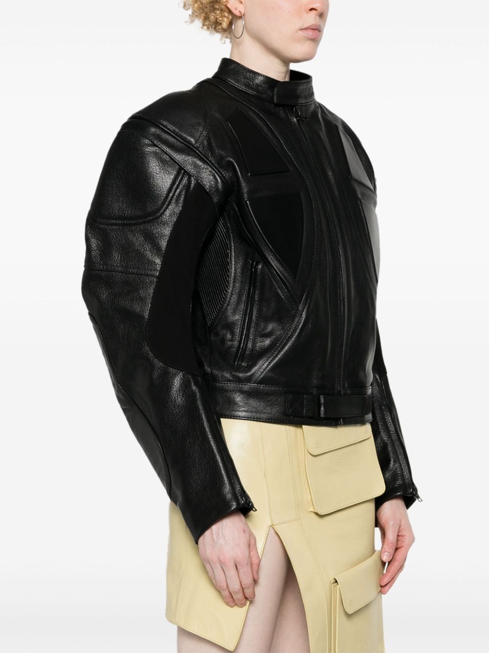 Shop David Koma Panelled Leather Biker Jacket In 黑色