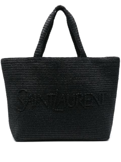 Saint Laurent logo-embossed raffia tote bag