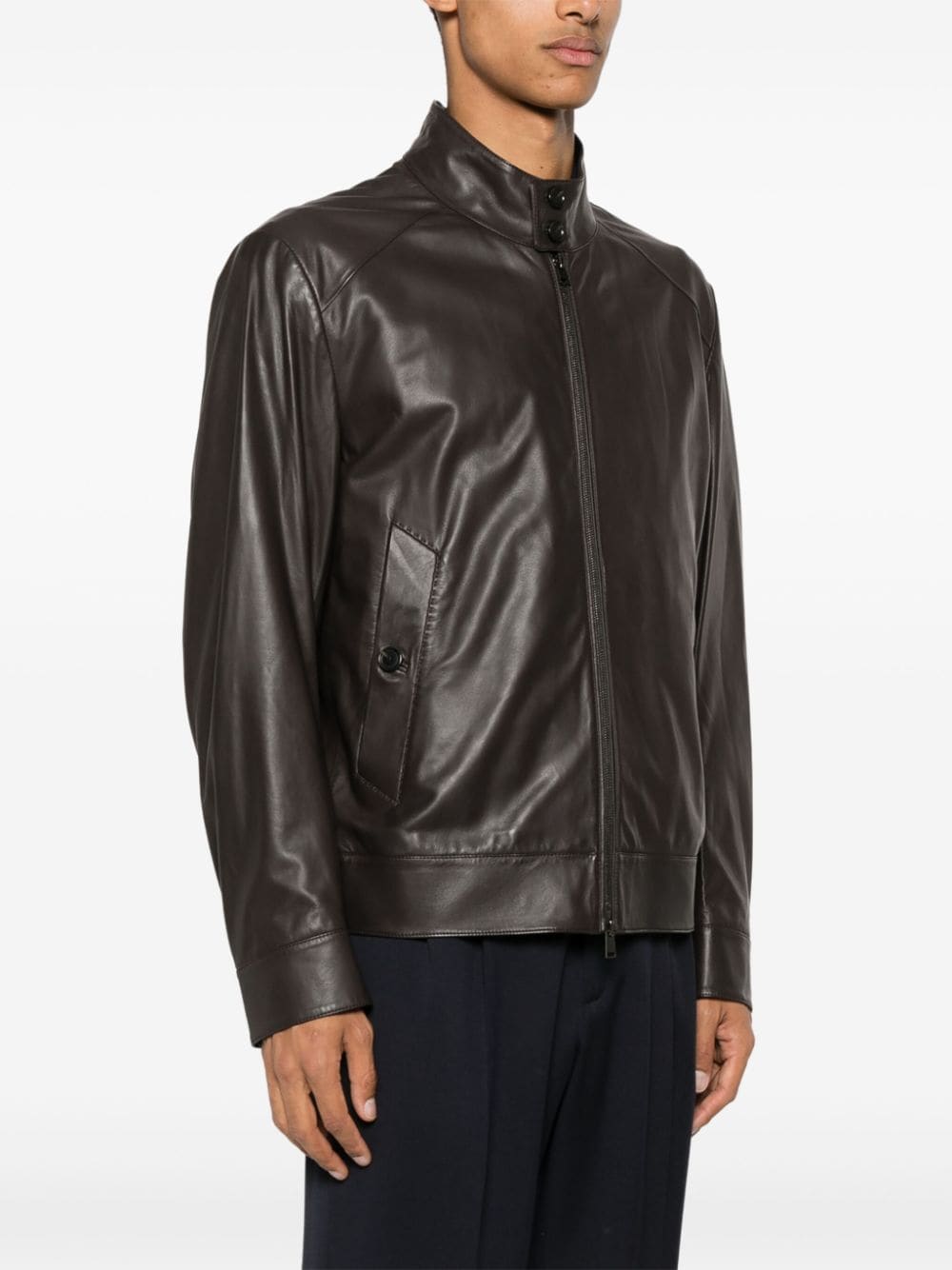Shop Hugo Boss Zip-up Leather Jacket In Brown