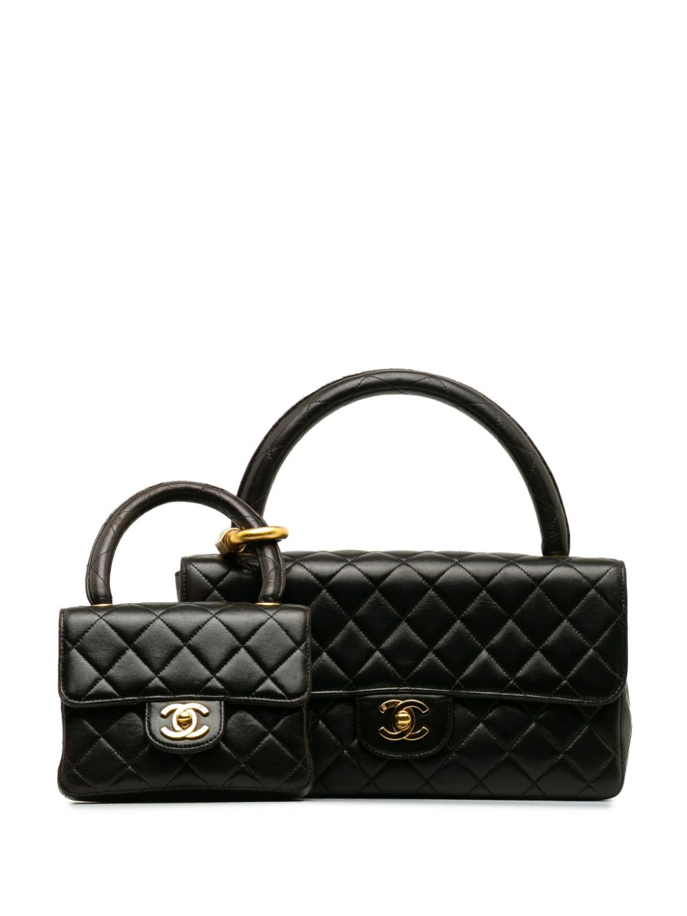 Pre-owned Chanel 1991-1994 Classic Lambskin Kelly Flap Bag Set Handbag In Black