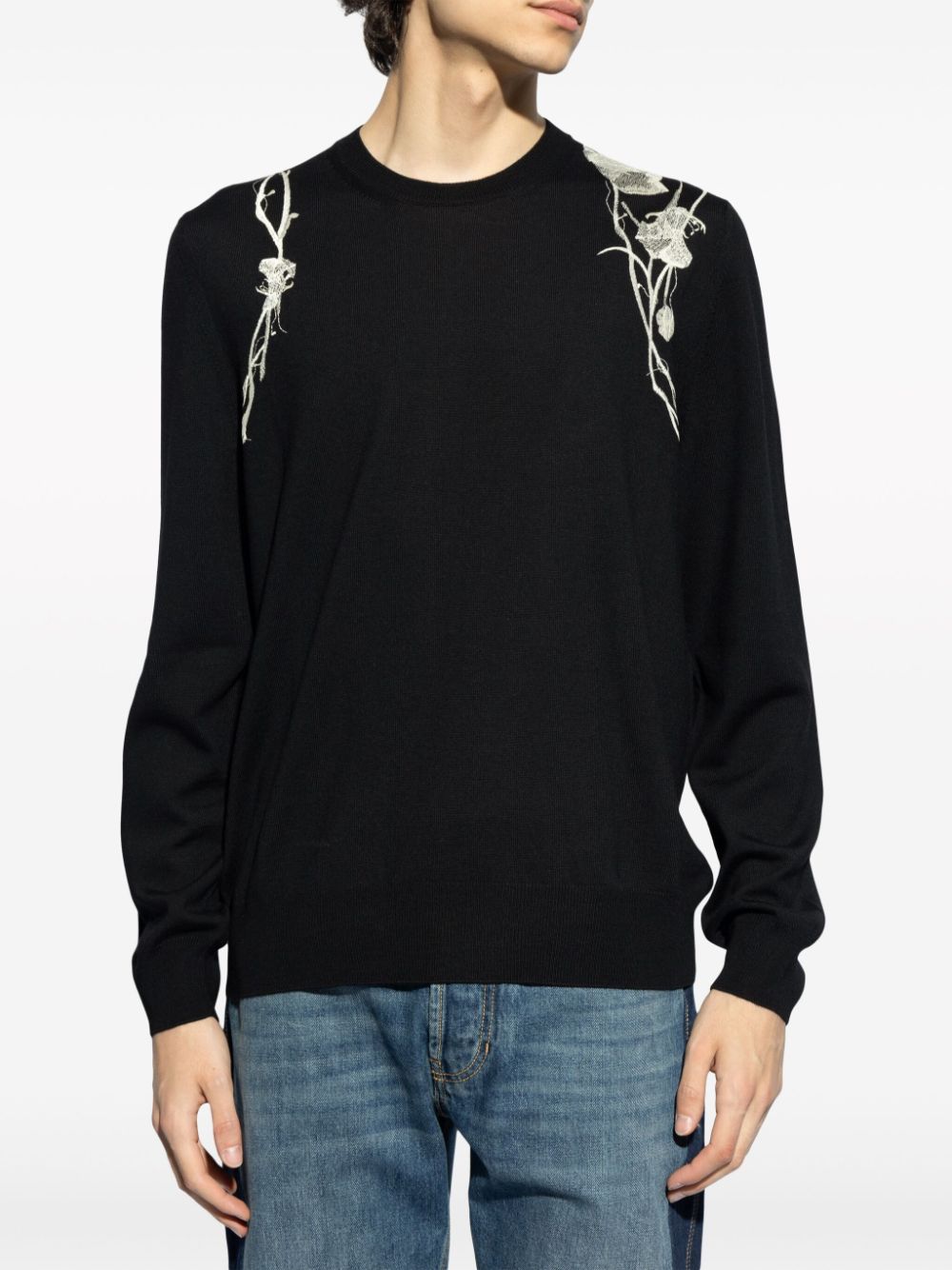Shop Alexander Mcqueen Floral Embroidered Wool Sweater In Black