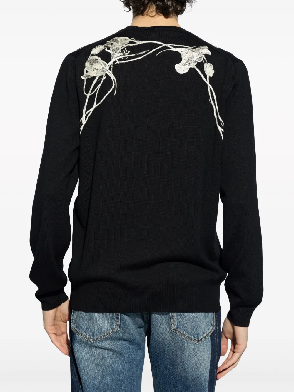 Shop Alexander Mcqueen Floral Embroidered Wool Sweater In Black