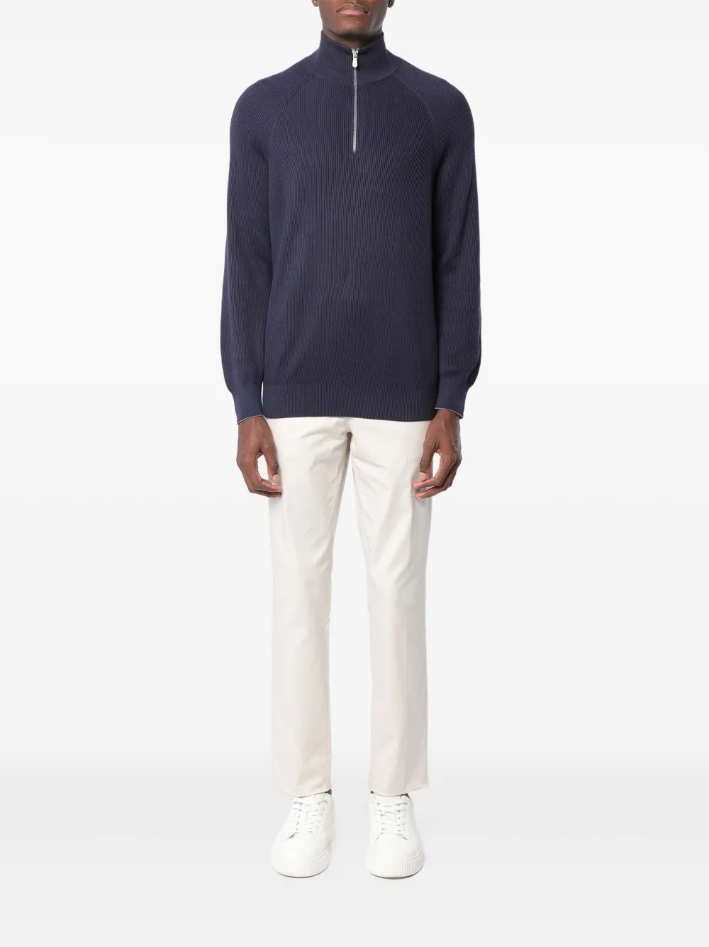 Brunello Cucinelli Katoenen ribgebreide trui met raglan mouwen en halve rits Blauw