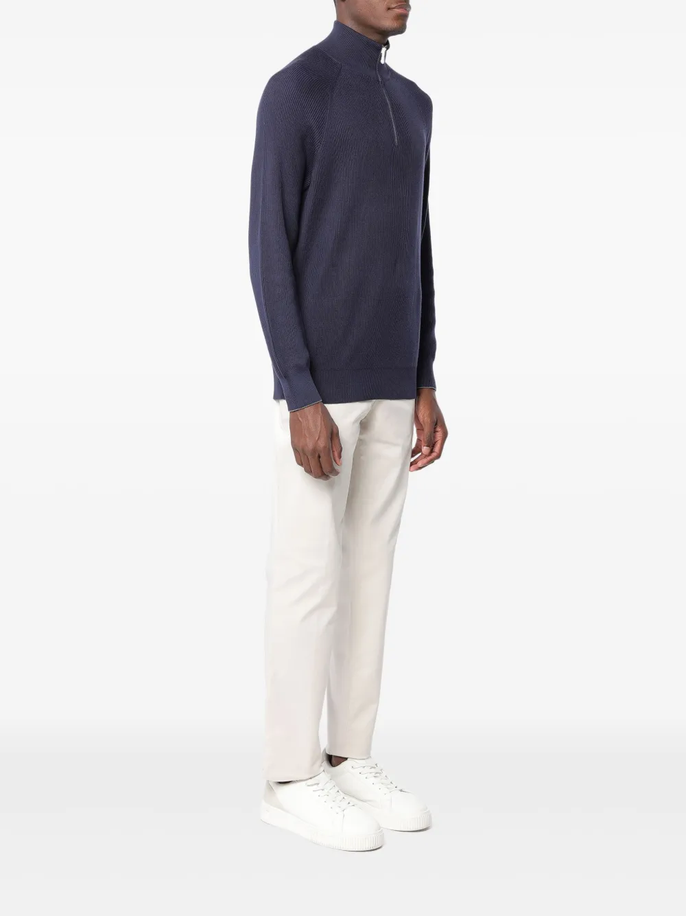 Brunello Cucinelli Katoenen ribgebreide trui met raglan mouwen en halve rits Blauw