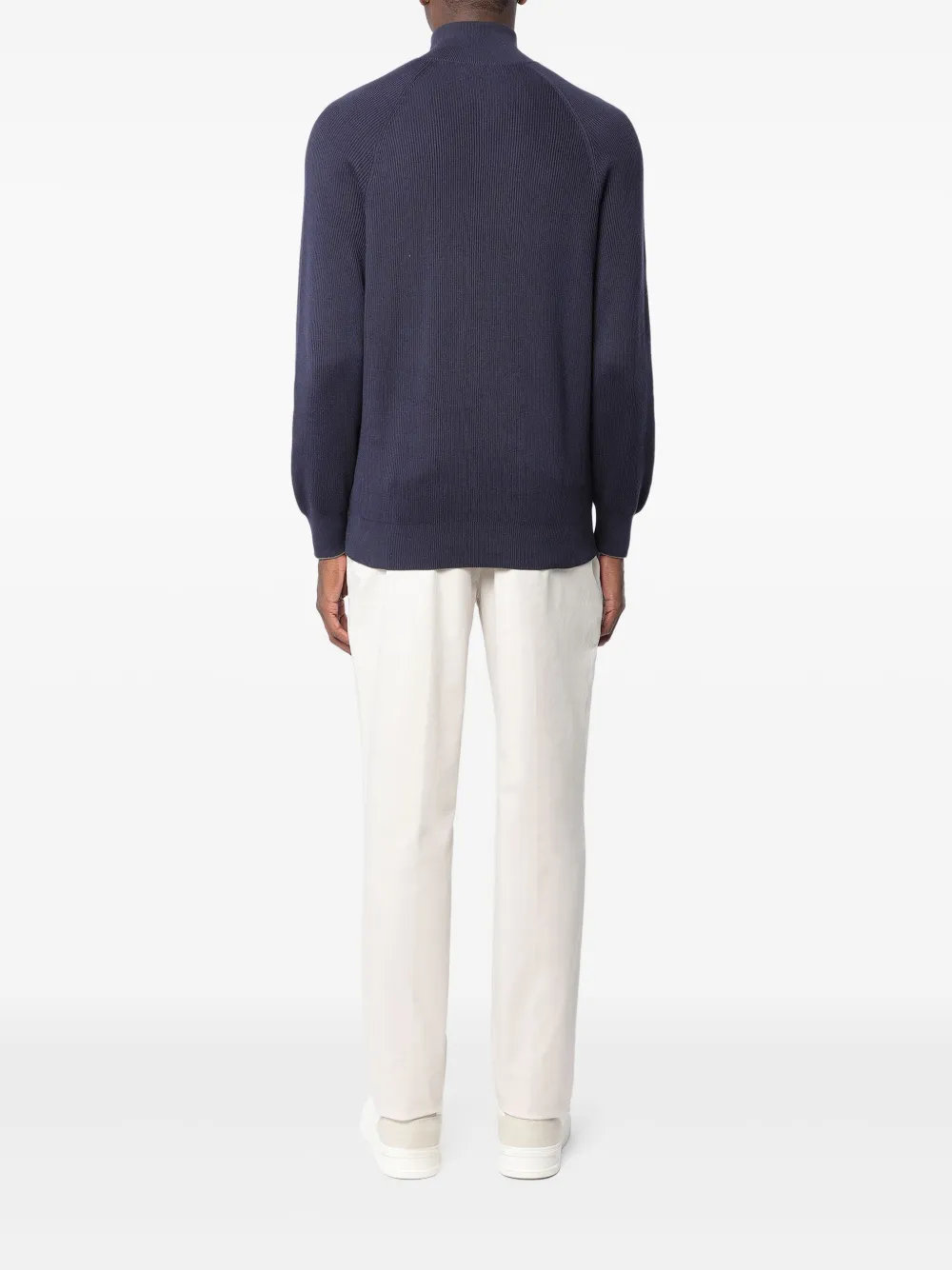 Brunello Cucinelli Katoenen ribgebreide trui met raglan mouwen en halve rits Blauw
