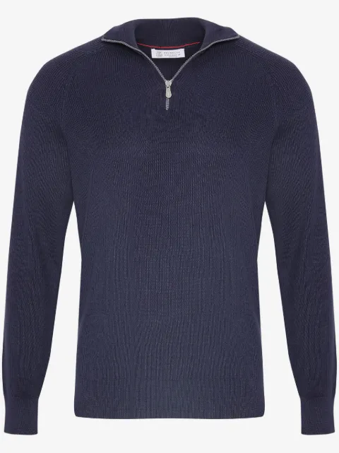 Brunello Cucinelli Pull à côtes anglaises en coton avec demi-zip et manches raglan