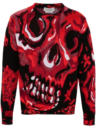 【関税&送料込】Alexander Mcqueen Skull Sweatshirt McQueen Skull Sweater in Black & Lust Red | FWRD