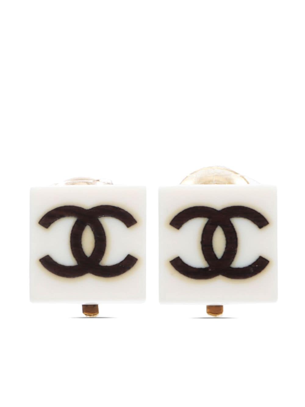 Pre-owned Chanel 1990 Cc Squared Clip-on Earrings In White