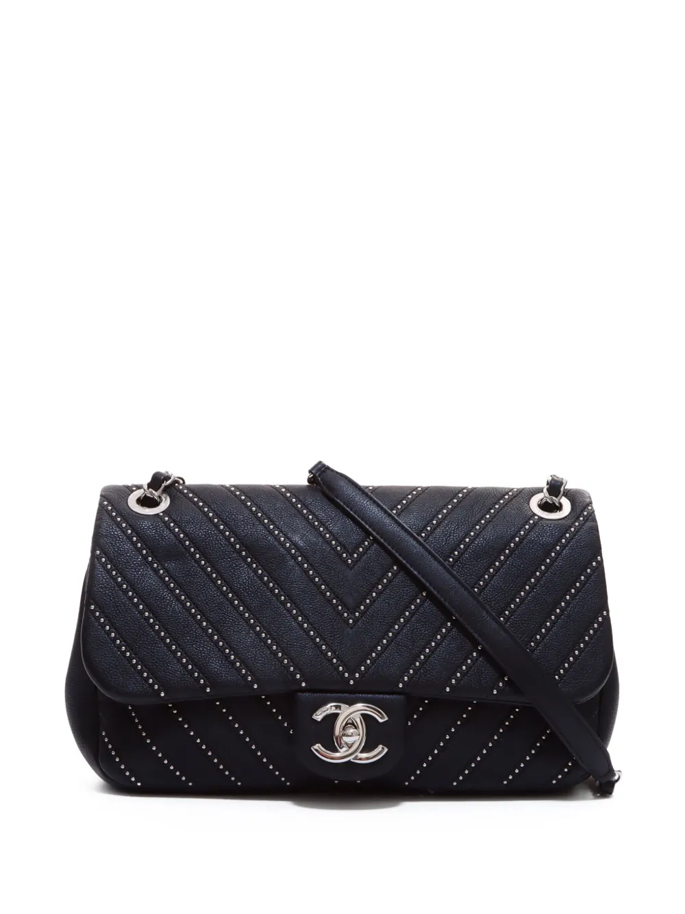 Pre-owned Chanel 2017 Chevron Classic Flap Shoulder Bag In Black