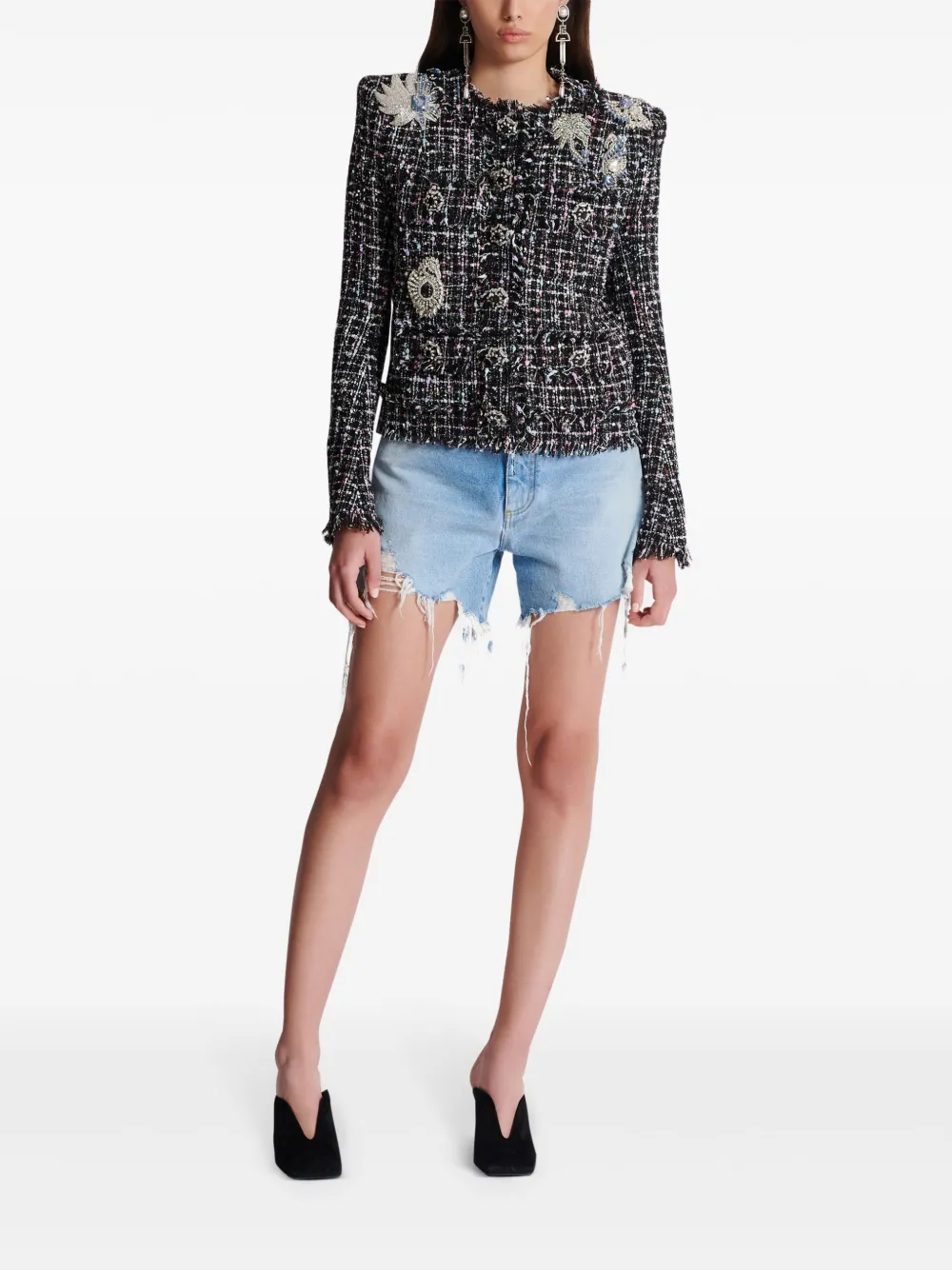 Balmain Kraagloos tweed jack - Zwart