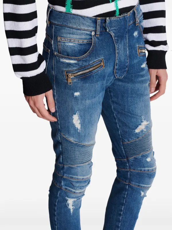 Balmain Panelled Distressed Skinny Jeans | Blue | FARFETCH