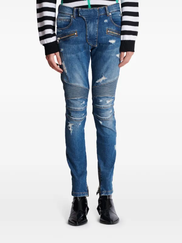Balmain Panelled Distressed Skinny Jeans | Blue | FARFETCH