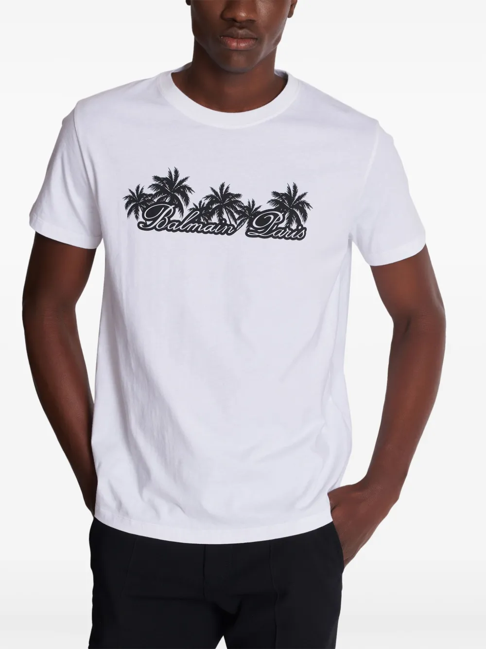 【関税&送料込み】Balmain Cotton Printed T-Shirt Balmain Palm-print Cotton T-shirt | White | FARFETCH