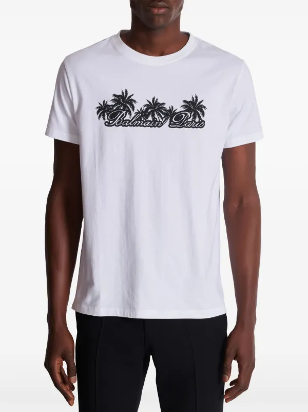 【関税&送料込み】Balmain Cotton Printed T-Shirt Balmain Palm-print Cotton T-shirt | White | FARFETCH